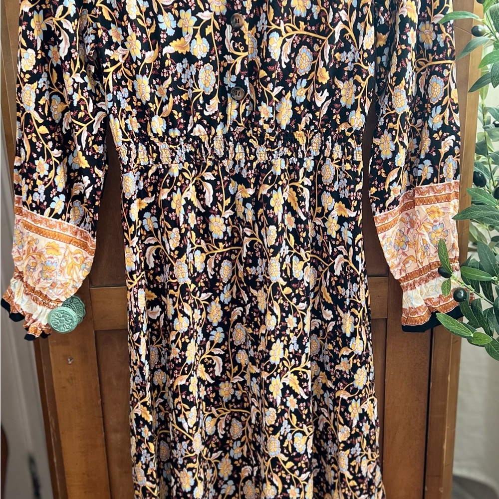 Floral Long Sleeve Dress with Black and Orange Accents